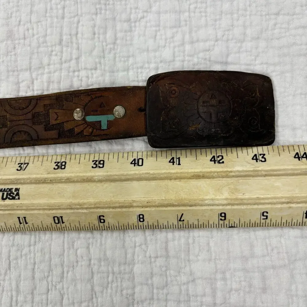 Vintage 70s Tooled Buckle Belt Navajo Geometric Leather Hippie Turquise Paint